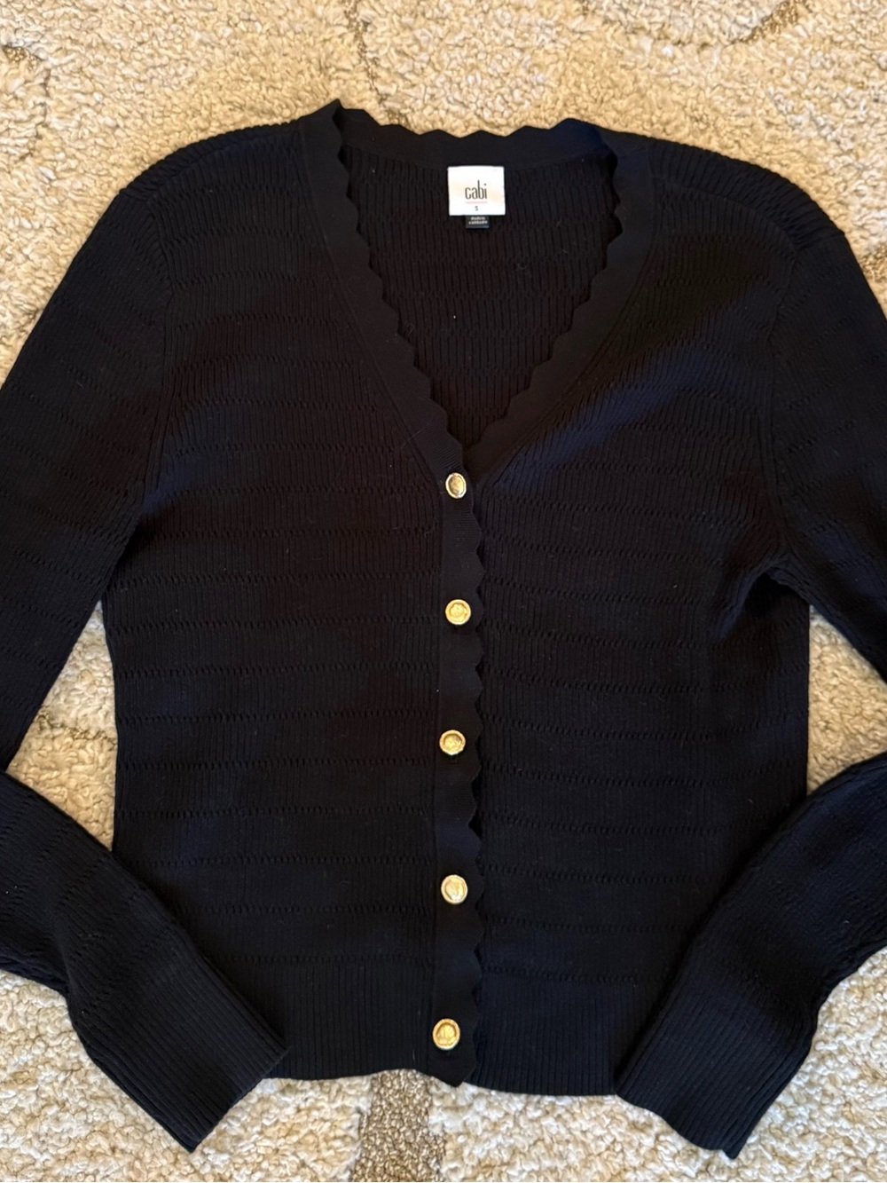 CAbi Black Scalloped V-Neck Cardigan with Gold Buttons